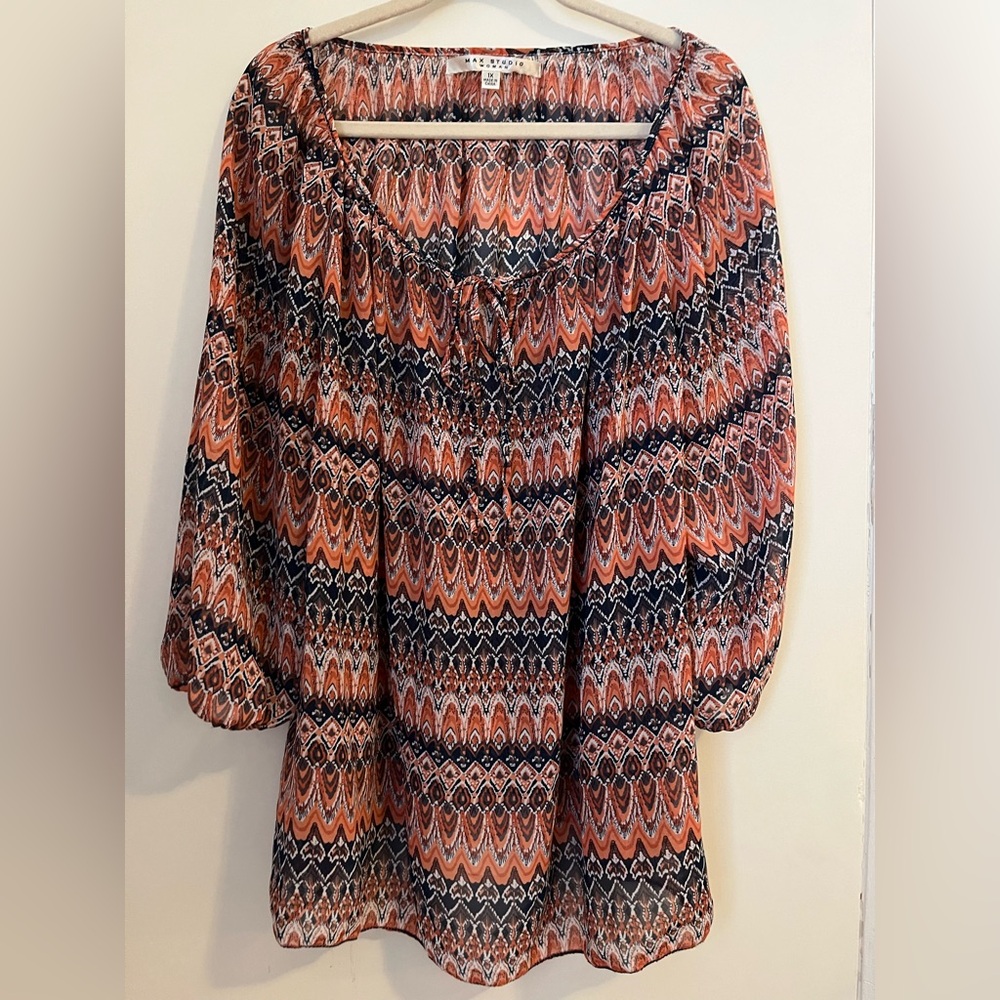 Max Studio Orange and Blue Patterned Blouse Relaxed Fit